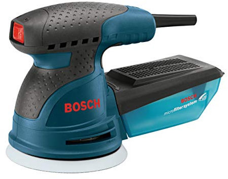 BOSCH ROS20VSK - Lijadora de palma de 2.5 amperios y 5 pulgadas. Kit de lijadora/pulidora orbital aleatoria de velocidad variable con cable con colector de polvo y funda de transporte rígida