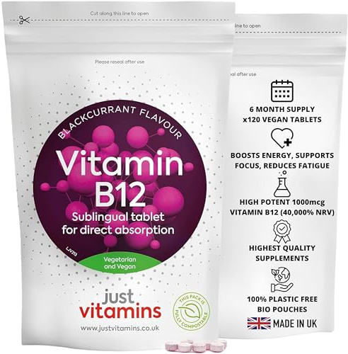 Vitamin B12 High Strength 1000mcg | 180 Vegan Tablets | Supports Energy, Metabolism & Reduces Fatigue | Blackcurrant Flavoured Sublingual Tablets | UK Made - Just Vitamins