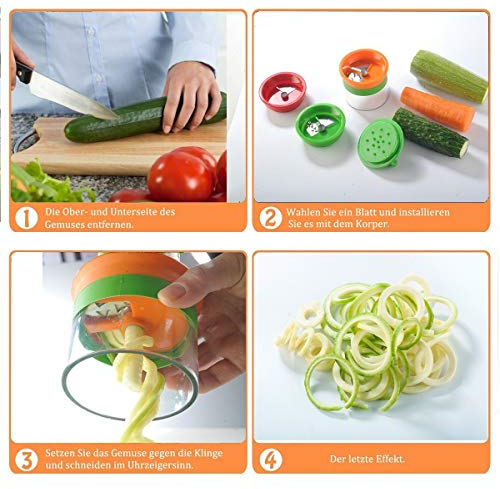 Cortador De Verduras Cortador En Espiral Rallador De Verduras Mano Con 3 Cuchillas Para - Contiene El Cepillo Para Limpiar -Cortador De Pepinos Rallador De Zanahorias Rallador De Espiral
