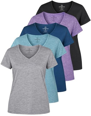 Real Essentials 5 Pack: Women's Dry-Fit Short Sleeve V Neck T Shirt Workout Fitness Yoga Top Tee, Set 1, L