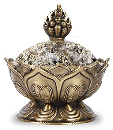 Vintage -Lotus -Weihrauchhalter, kleine Weihrauchschüssel Salbei Bakhoor Brennschüssel Weihstoffbrenner Schüssel mit Deckel für Weihrauchpulver, Kegel, Spirale, Weihrauchstangen, 6,9 x 7 cm
