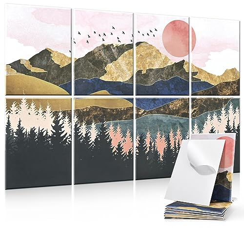 Yrendenge Lot de 8 panneaux acoustiques haute densité auto-adhésifs - Panneaux acoustiques insonorisants - Montagnes arbres - Panneau d'isolation acoustique mural - Pour studio, bureau, décoration