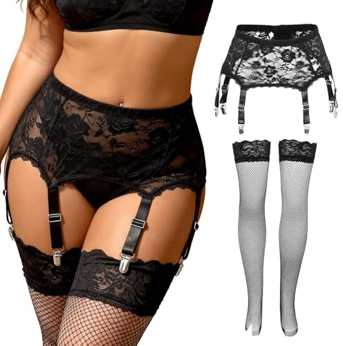 comeondear Reggicalze Donna Hot Completo Taglie Forti Sexy Pizzo con Calze a Rete Autoreggenti Vita Alta Giarrettiera Trasparente con 6 Clip Regolabili Lingerie Curvy Intimo Nero,M-L