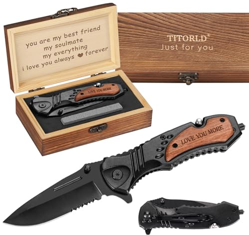 Gifts for Men Dad Him Fathers Day, Anniversary Birthday Gifts ideas for Boyfriend Husband, Engraved Pocket Knife, Wooden Handle Folding Knife with Wood Box, Unique Outdoor Camping Hunting Fishing Tool