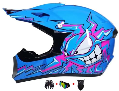 Motocross Fullface MTB Helm Kinder, ABS-Schale, Kinder Motocross Helm, Dirt Bike Helm, Herren ATV Motorradhelm MX Enduro, Motorradhelm Motorrad Downhill Helm, Mit Handschuhe Maske Brille (Color : Blu