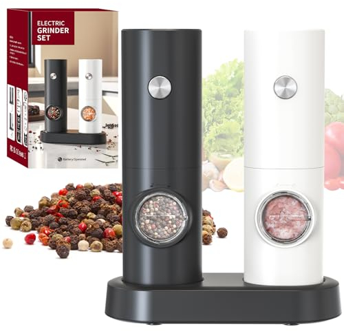 CIRCLE JOY Salz und Pfeffermühlen Elektrische 2er Set Batteriebetriebenen Gewürzmühle mit Basis, Weißem LED-Licht und Einstellbarer Grobheit, Schwarz-Weiß