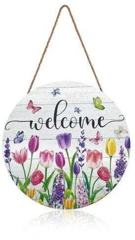 XQMMGO Placa de bienvenida decorativa para puerta de casa, cartel de bienvenida para puerta exterior, placa de madera personalizada, cartel rústico de madera para colgar (blanco)