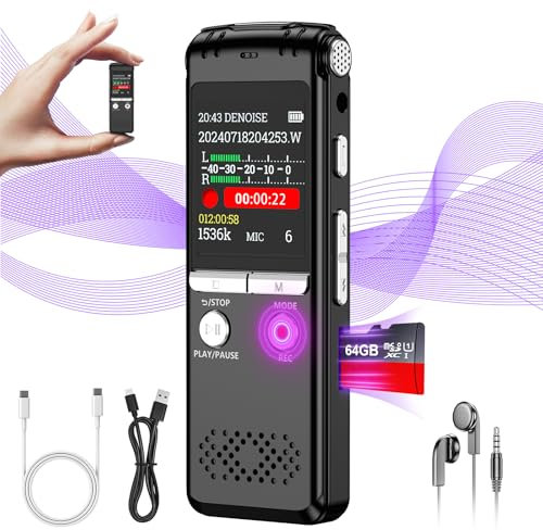 64GB Digital Voice Recorder, 1536Kbps One-Touch Recording Diktiergerät Aufnahmegerä mit Playback, Geräuschunterdrückung Audioaufnahmegerät für Vortrag/Interviews/Klassen/Meeting - ZIPICIDE
