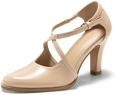 Coutgo Womens Chunky High Heels Dress Shoes Closed Pointed Toe Cross Strap Buckle Pumps Vintage D'Orsay Party Shoes, Nude, Size 7