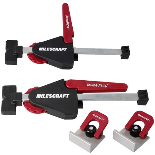 Milescraft 4030 Inline Clamps T Track Clamp (2 Pack) – Adjustable T-Track Clamps for Woodworking. Apply Horizontal Pressure for All Your Clamping Projects. Includes (2) CamStop Clamps.