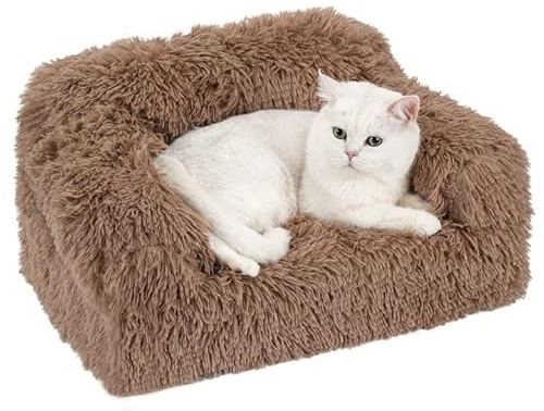 Avont Cat Couch Sofa Bed, High Supportive Foam with Soft Fluffy Machine-Washable Plush Cover and Non-Slip Bottom for Indoor Small Dog Puppy Pet kitty -Brown