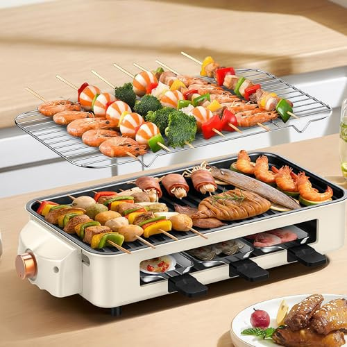 Kensbro 2 i 1 Elektrisk Raclette Grill, 1700W 4-6 personer, Avtagbar Reversibel Antiluckrig Grillplatta, Bordgrill för Inomhus Familjefester och Uteliv BBQ