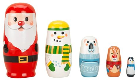 Generico Matrioscas Para Niños, 5 Piezas Decoraciones Navideñas Apilables De Madera | Papá Noel Alce Muñeco De Nieve Set De Juego Encastrable | Para Niños, Niñas, Niños Adultos, Regalo Fiestas