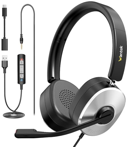 Wantek USB Headset with Microphone for Work, Wired On-Ear Headsets, USB/3.5mm/Type-C Headsets for Home Office, Work, Call Center, Online Courses, Skype, Zoom