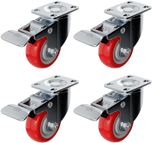 OBS 4 PCS 75mm up to 1000KG Heavy Duty Red PU Swivel Castor Wheels with Brakes for DIY, Furniture Trolley Wheels Double Ball Bearings Swivel Head No Floor Marks Silent Caster