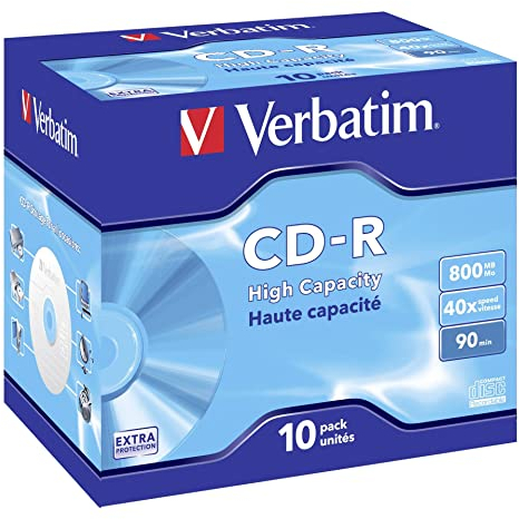Verbatim CD-R High Capacity - 800MB, 40-fache Brenngeschwindigkeit mit Langer Lebensdauer und Extraschutz, 10er Pack Jewel Case