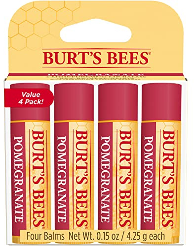 Burt's Bees Lip Balm, Moisturizing Lip Care, for All Day Hydration, 100% Natural, Pomegranate with Beeswax & Fruit Extracts (4 Pack)