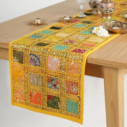 Patchwork Indischer Baumwolle Tischläufer Gelb 40x182 cm Dekorativ Rajasthani Handbestickt Buntes Luxuskaffee Essen Stil Tisch Dekoration