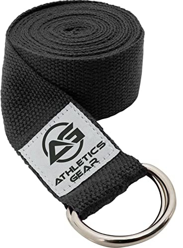 Yogabälte med D-ringspänne i metall, 1,8 m lång och 3,8 cm bred, tillverkad av hållbar bomull för stretchning och flexibilitet (svart)