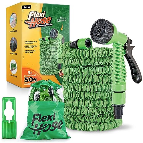 Flexi Hose Expandable Garden Hose - 50FT Heavy Duty Water Hose, Retractable Hose with 3/4-Inch Fittings - Expandable Design & Spray Nozzle Included - Green, 15 Metres