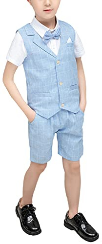 Traje Corto de Boda para Niños,Conjunto de Ropa de Ceremonia,Verano Trajes de Bautizo,Traje Elegante a Cuadros de Ropa de Fiesta Traje de Caballero 2-12 años Infantil Esmoquin