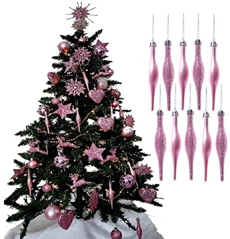 Simply Products 10 Bolas, Gran Decoración para Árbol de Navidad, Carámbano Mate y Purpurina (Rosa Rubor Con Purpurina y Mate)