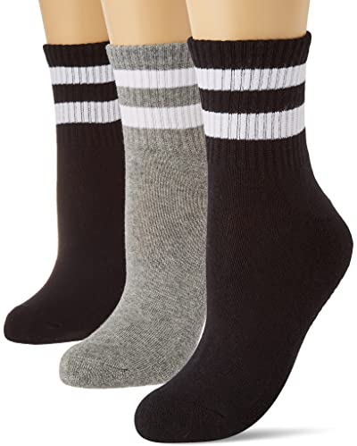 Nur Die 3er Pack kurze Retro Tennissocken Sport Socken mit Streifen aus atmungsaktiver Baumwolle Damen, schwarz/grau, 35-38