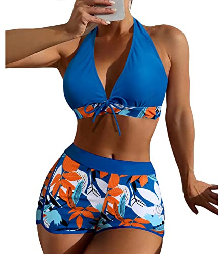 Traje de baño de Mujer de Dos Piezas Push Up Floral Halter Tankini Set con Shorts Bikini para Estampado V Dos Piezas Conjunto Bañador Traje con Relleno Mujer Brasileo Ropa de Playa