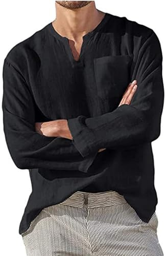 Rfmfkkg Camisas de lino de algodón negro para hombre, camisas Henley de manga larga con cuello en V, camisa casual de playa, Negro, XL