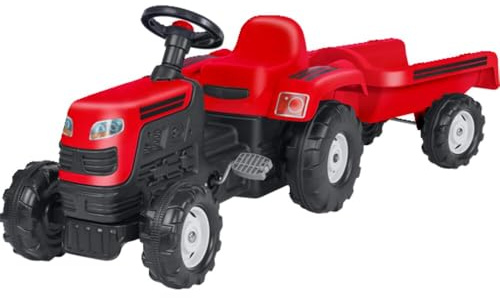 Trattore Rosso a pedali per bambini - Con rimorchio removibile - Sellino ergonomico - Clacson - Dimensioni 144 x 52 x 45 cm - DOLU - Globo Giocattoli 42214
