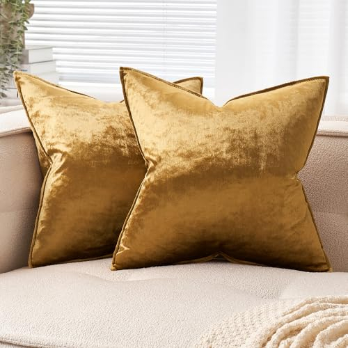 EMEMA Samt Kissenbezug Kissenhülle 45x45 cm Dekorative Sofakissen Dekokissen Umwickelte Kante 2er Set Kissenbezüge Zierkissenbezug für Sofa Wohnzimmer Schlafzimmer Champagner Golden