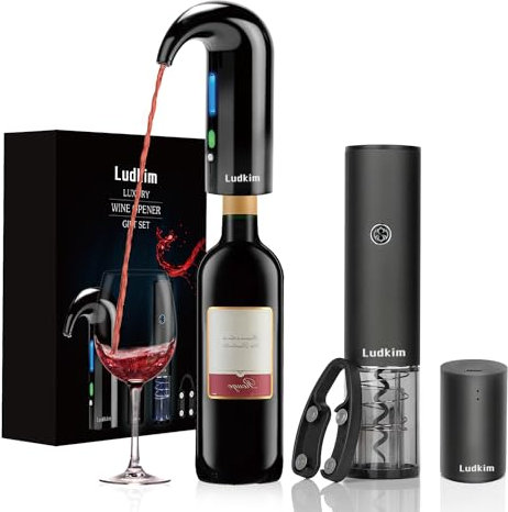 Ludkim Rechageable Electric Wine Opener Gift Set, Auto Wine Aerator Dispenser, Wine Corkscrew Kit, Automatic Wine Saver Vaccum Pump, Foil Cutter, 4-in-1 Cordless rechargeable Bottle Opener Gift Box