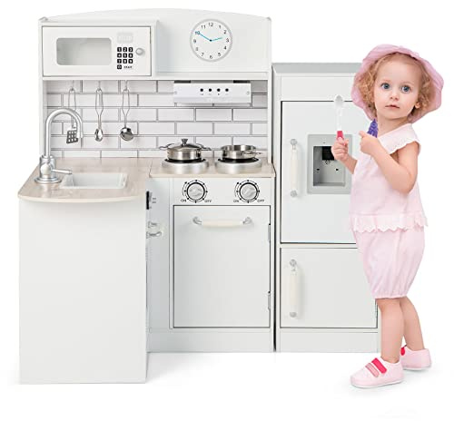 COSTWAY Cuisine d’Angle Enfants avec Réfrigérateur Séparé, Cuisinière de Jeu en Bois avec Distributeur d'eau, Evier, Hotte et Ustensiles, Jouet d’Imitation pour Tout-Petits de 3 Ans+