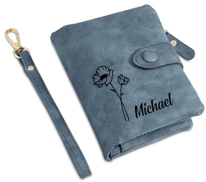 Glimmerday Damen Geldbörsen, Personalisierte Leder Geldbörsen für Frauen mit Abnehmbarem Armband, Weich und Bequem, Geschenk zum Muttertag (Blau)