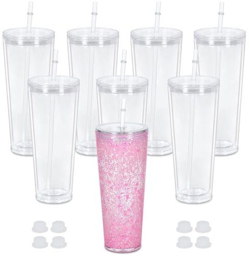 Maucircol Vaso acrílico de bola de nieve de 24 onzas, paquete de 8 vasos transparentes de acrílico de doble pared preperforados para bricolaje con purpurina y globo de nieve de doble pared