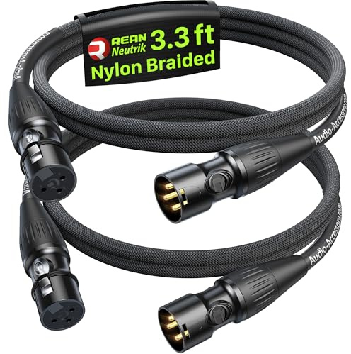 Neutrik Set med 2 korta XLR-kablar 1 m, Neutriks guldpläterade Rean-kontakter, Kevlar-förstärkt nylonflätad XLR-mikrofonkabel, mikrofonkabel, hankontakt till hona beständig ärmering