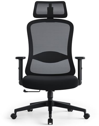 ADINO Bürostuhl Ergonomisch, Schreibtischstuhl mit Verstellbaren 2D Kopfstützen und Armlehnen, Drehstuhl mit Schaumstoff-Lendenkissen, Bürostühle Bis 150KG/330LB (Schwarz)