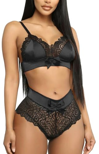 NewBull Femme Sexy Ensemble de Lingerie en Dentelle 2 Pièces Soutien-Gorge et Culotte Satin Tenue Col en V Taille Haute Nuisette Nœud sous Vetements Feminins Noir/Rouge S-L (Noir, M)