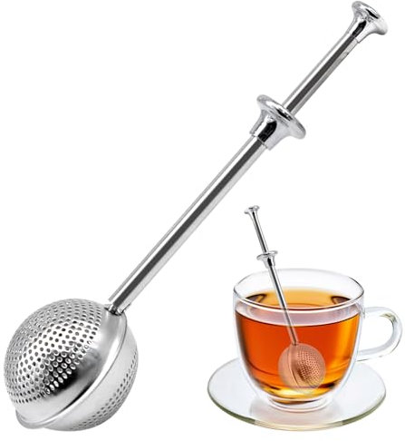 Passoire à Thé Inox 304 avec Poignée Longue, Infuseur Thé Push-Up Universel Filtre à Thé Fine Maille pour Tasse, Mug et Théière, Accessoire Thé Réutilisable