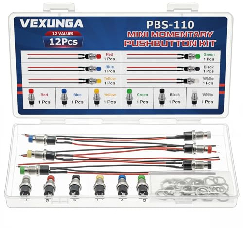 VEXUNGA Mini Tillfällig Tryckknapp Sbrytare 1A 250V AC PÅ/AV 6Delar Förkopplat Tryckknapps och 6 Delar 2Pin Mini Rund Tryckknapps set (12 Delar)