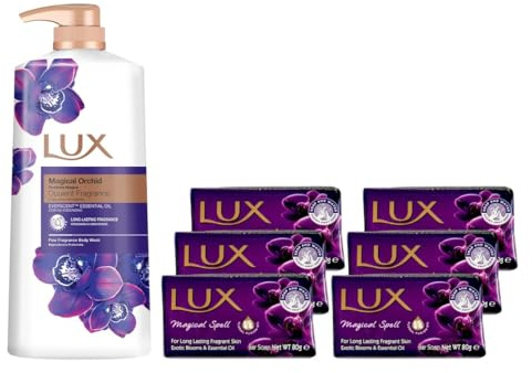 Lux Body Wash Magical Orchid Body Wash 1L (1 Pack) & Lux Purple Magical Soap Bars 6 Pack (80g)