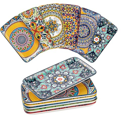 HENXFEN LEAD Servierplatten Porzellan, 10 Inch Große Rechteckige Teller Set, Speiseteller für Salat, Vorspeisen, Sashimi, Bohemian-Floral-Design in 6 kräftigen Farben