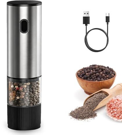 Molinillo eléctrico de sal y pimienta recargable, molinillo de pimienta automático con molienda de cerámica, grosor ajustable, operación con una sola mano para barbacoa, cocina, restaurante, camping