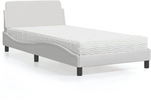 YuuSsea Dover säng med madrass, vitt konstläder, 100 x 200 cm, vågformsdesign, komfortskummadrass, sovrum möbelset