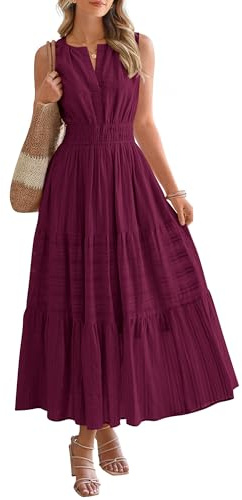 BTFBM Summer Dresses for Women 2026 Sleeveless Boho V Neck A Line Flowy Spring Casual Maxi Dress Beach Vacation Pockets(Burgundy, Medium)