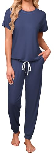 Famulily Women's 2 Piece Lightweight Pyjama Set Short Sleeve Drawstring Hem Top & Elastic Waist Lounge Jogger Pants with Pockets