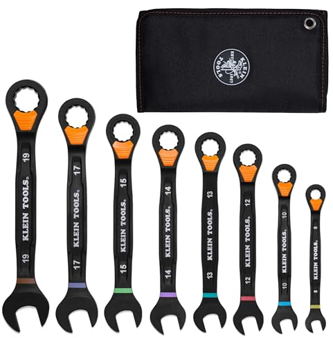 KLEIN TOOLS 69508M Metric Ratcheting Combination Wrench Set, 8-Piece, Slide-Lock 90-Tooth Ratchet, I-Beam Handle, Color-Coded Size Markings, Roll Pouch Storage
