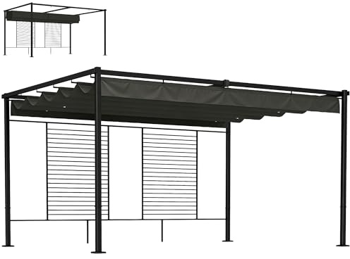 Outsunny Pergola 3,87 x 2,97 m Terrassenüberdachung mit Schiebedach, 2 Sichtschutz, UV 50+ Freistehend Überdachung mit Drainagelöcher Gartenpavillon Sonnenschutz für Terrasse Garten Dunkelgrau