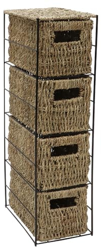JVL Seagrass Basket 4 Drawer Tower Storage Unit with Metal Frame Home Office