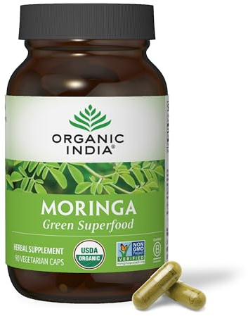 ORGANIC INDIA Moringa Herbal Supplement - Green Superfood, Nutrient Dense, Pure Plant Protein, Vitamin A, E, K, Iron, Calcium, Fiber, Vegan, Gluten-Free, USDA Certified Organic - 90 Capsules